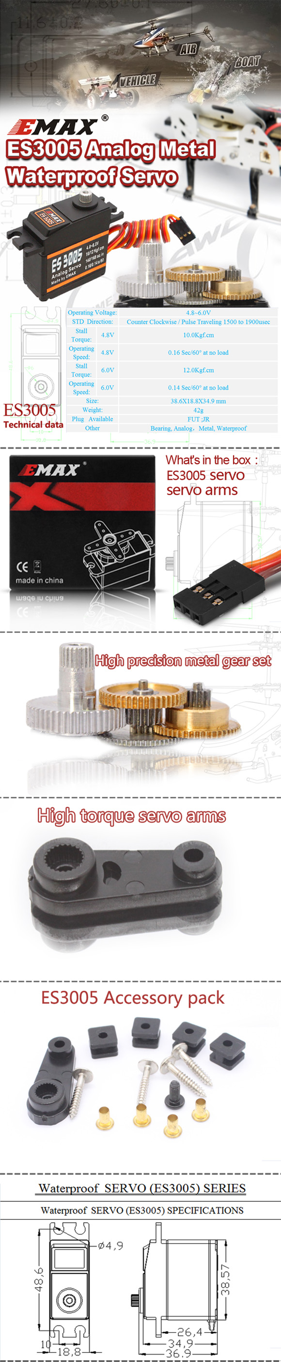 Emax ES3005 Analog Metal Gear Waterproof Servo (Torque:12kg)